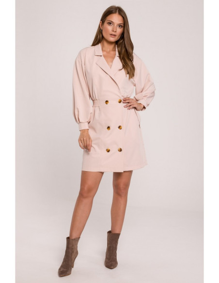 K112 Dviguba suknelė su kišenėmis - smėlio spalvos