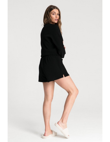 LA074 Vaflinio trikotažo miego šortai - juodi