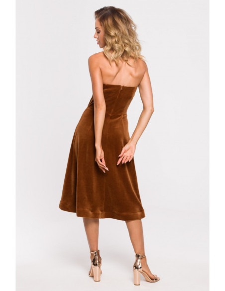 M638 Velūro suknelė su korsetu - konjako spalvos