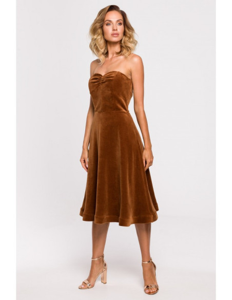 M638 Velūro suknelė su korsetu - konjako spalvos