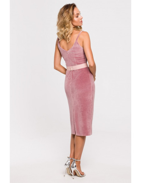 M639 Velūro suknelė su diržu - purvinai rožinė