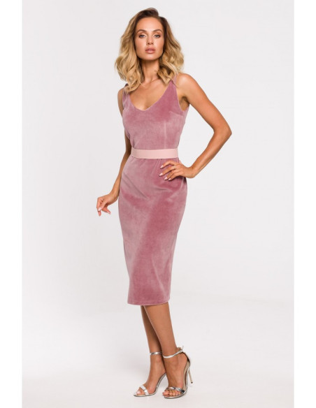 M639 Velūro suknelė su diržu - purvinai rožinė