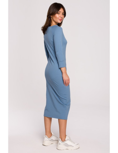 B219 Tiesi midi suknelė su iškirpte ant kojų - mėlyna