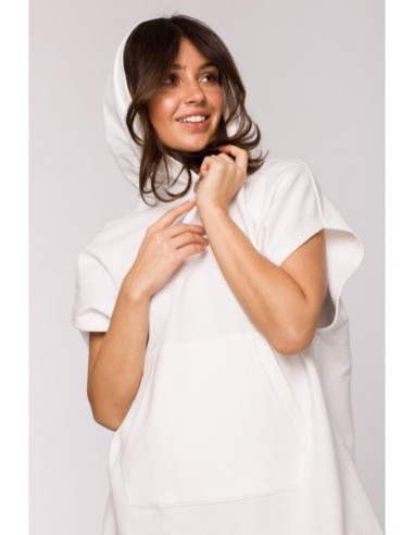 B226 Trapecijos formos tunika su kengūros kišene - ecru... 2