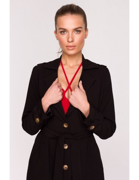 S294 Paltas su kaklaraiščio diržu - juodas