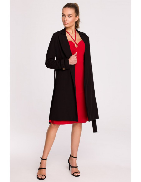 S294 Paltas su kaklaraiščio diržu - juodas