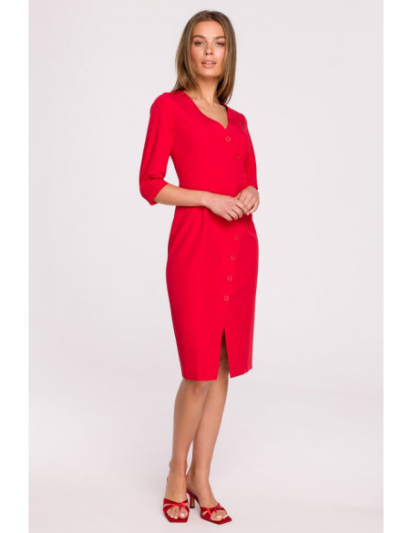 S295 Suknelė su asimetrišku priekiu ir sagomis - raudona