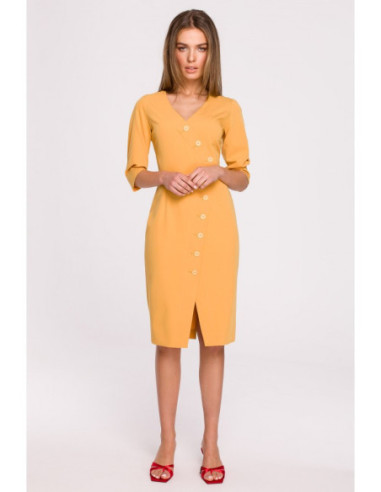 S295 Suknelė su asimetrišku priekiu ir sagomis - geltona 2