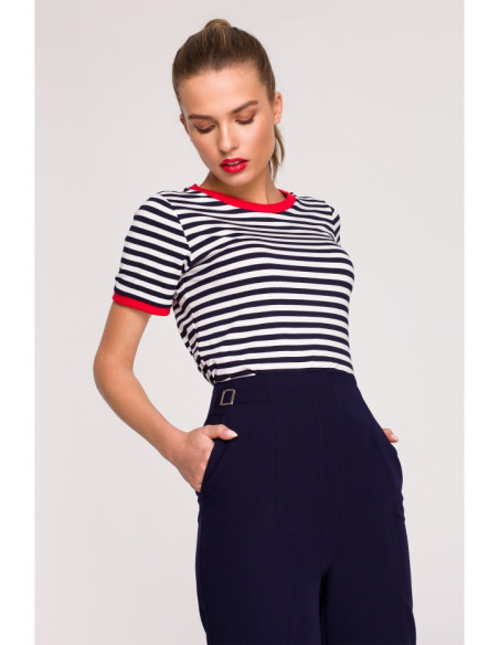 S296 Kelnės aukštu liemeniu su sagtimis - tamsiai mėlynos