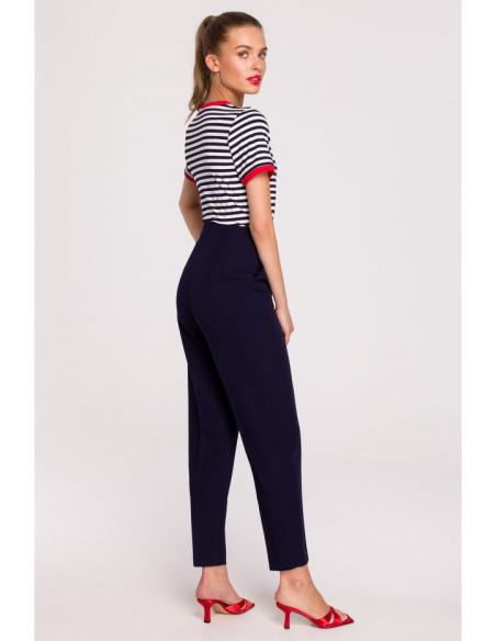 S296 Kelnės aukštu liemeniu su sagtimis - tamsiai mėlynos