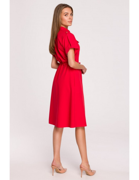 S298 Suknelė su kišenėmis ir raišteliu - raudona