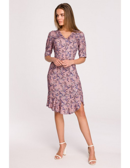 S299 Gėlėta suknelė su raukiniais ir dekoratyvinėmis sagomis - 2 modelis