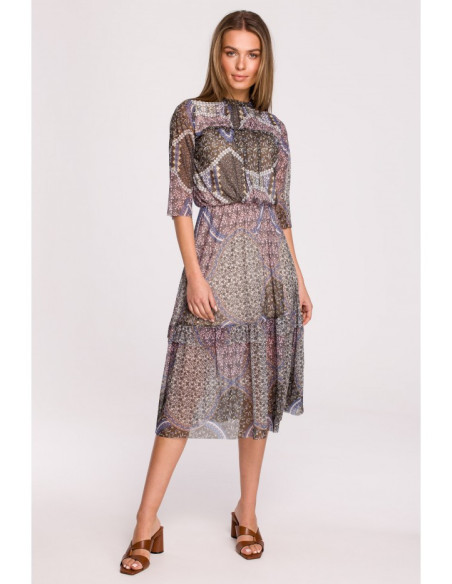 S301 Tinklinė suknelė su raštu ir raukiniais - 1 modelis