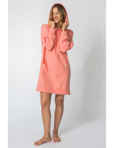 LA113 Suknelė su gobtuvu ir kengūros kišene - koralinė