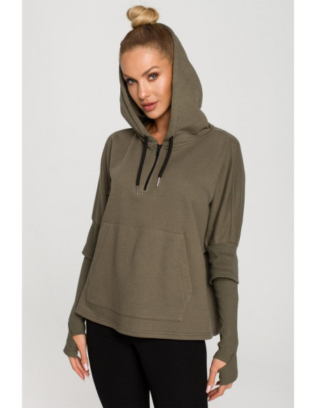 M689 Megztinis su gobtuvu ir papildomais rankogaliais - chaki spalvos