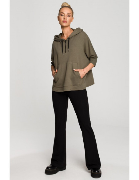 M689 Megztinis su gobtuvu ir papildomais rankogaliais - chaki spalvos