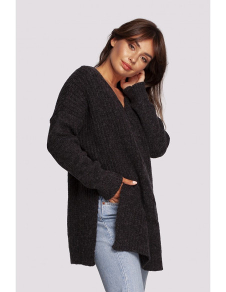 BK087 Ilgas megztinis su iškirpte ir šoninėmis iškirptėmis - antracito spalvos