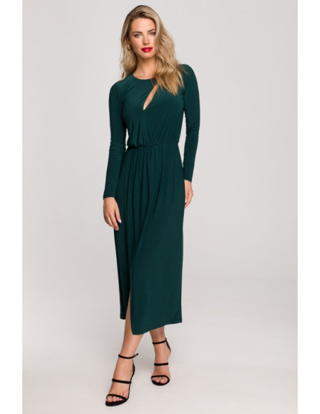 K139 Ilga suknelė su iškirpte - butelio žalios spalvos