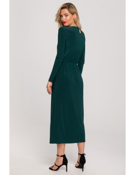 K139 Ilga suknelė su iškirpte - butelio žalios spalvos