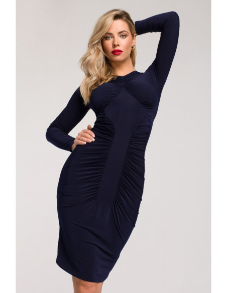 K140 Suknelė su raukšle per vidurį - tamsiai mėlyna
