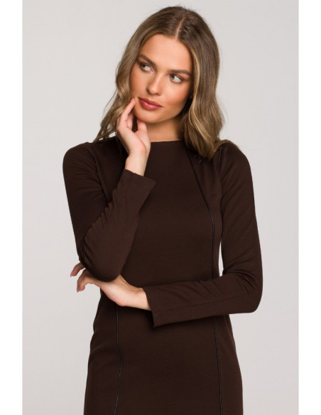 S314 Pieštukinė suknelė su odiniais apvadais - ruda