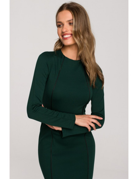 S314 Pieštukinė suknelė su odiniais apvadais - žalia