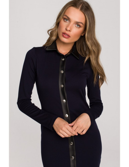 S322 Pieštukinė suknelė su spaudėmis - tamsiai mėlyna