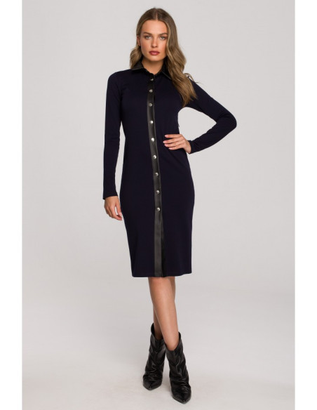 S322 Pieštukinė suknelė su spaudėmis - tamsiai mėlyna