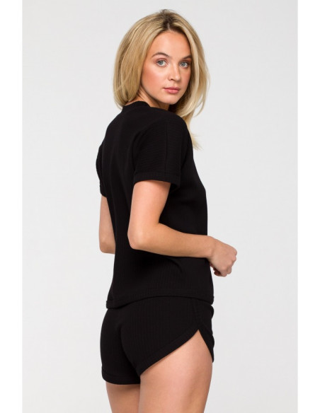 LA118 Juostuota palaidinė su V formos iškirpte - juoda