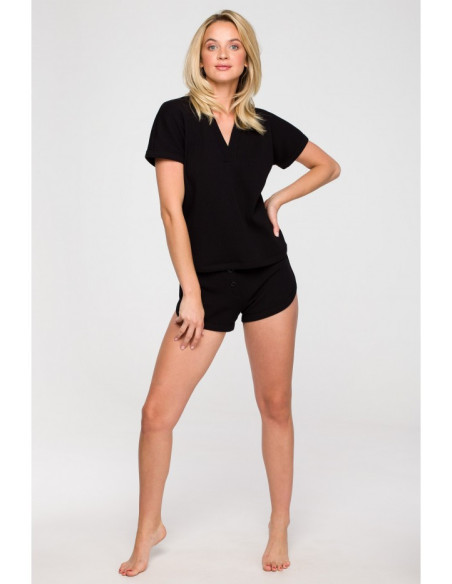 LA118 Juostuota palaidinė su V formos iškirpte - juoda