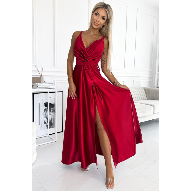  498-4 Long satin dress with a neckline and double straps - red 