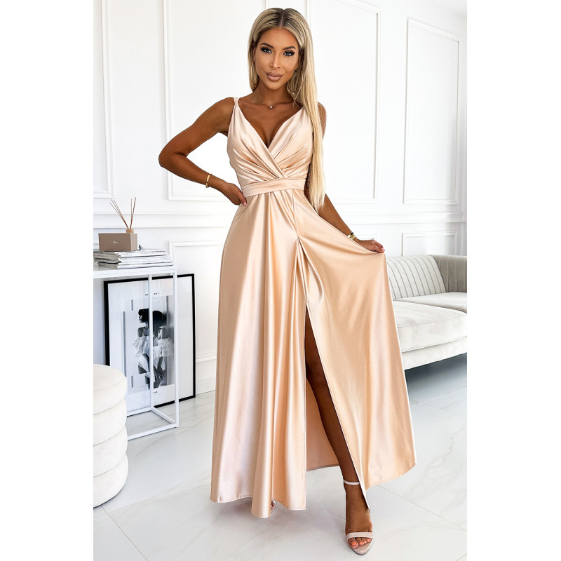  498-5 Long satin dress with a neckline and double straps - golden 