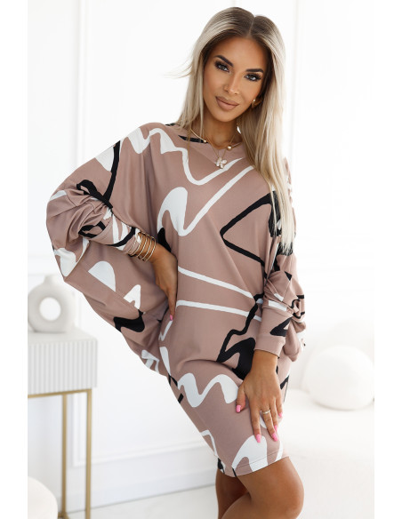  402-8 Batwing sleeveless comfortable dress with a neckline - beige with a black and white pattern 