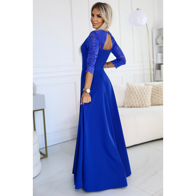 309-12 AMBER elegant lace long dress with a neckline - Royal blue  2