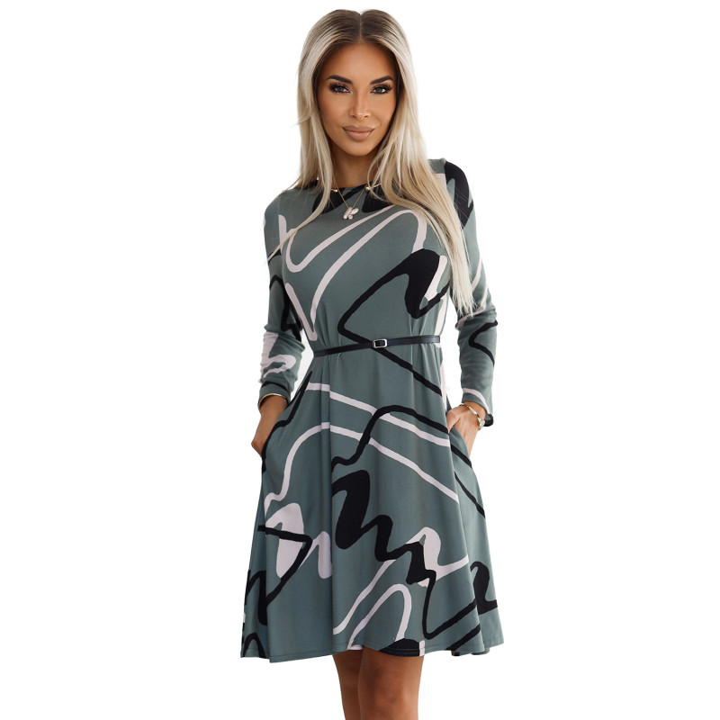  576-1 A-line sweater dress with a belt - olive with a black and beige pattern 