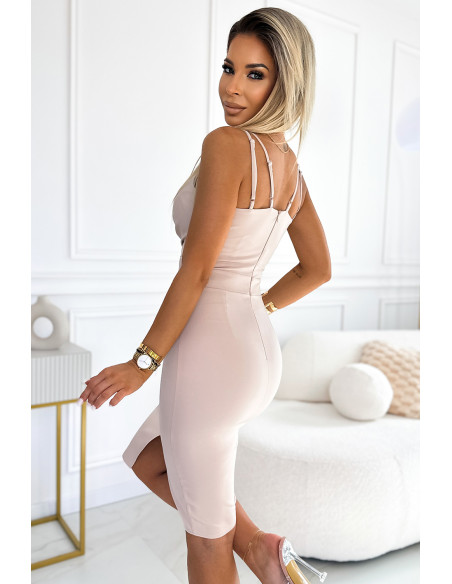  555-1 Elegant midi dress with a neckline and a leg slit - beige 