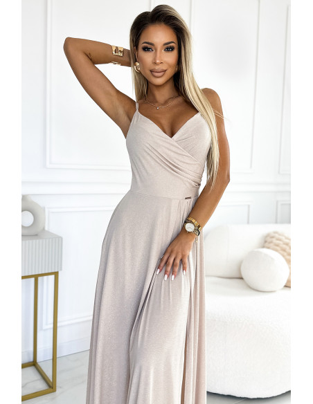  299-15 CHIARA elegant maxi dress with straps - beige with glitter 