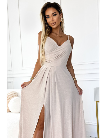  299-15 CHIARA elegant maxi dress with straps - beige with glitter 