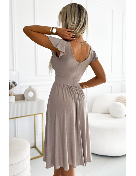  425-10 MATILDE Dress with a neckline and short sleeves - beige with glitter 