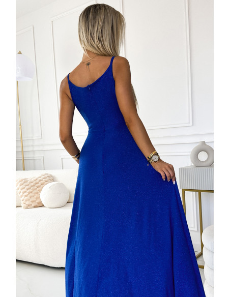  299-17 CHIARA elegant maxi dress with straps - blue with glitter 