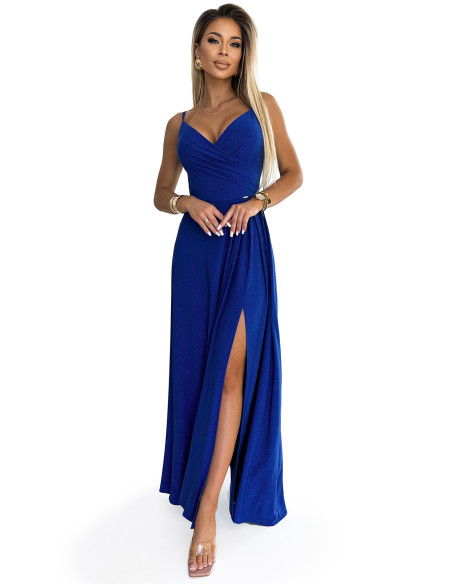  299-17 CHIARA elegant maxi dress with straps - blue with glitter 
