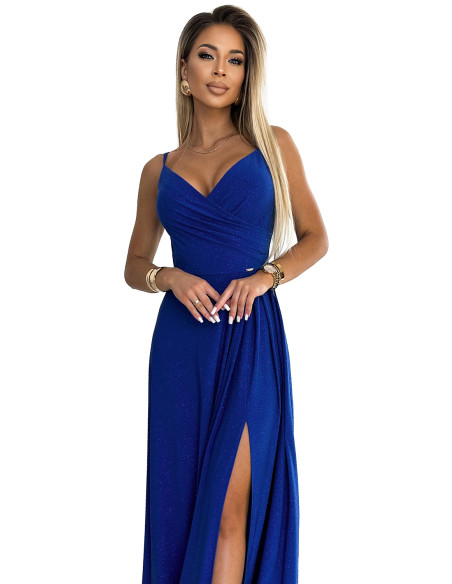 299-17 CHIARA elegant maxi dress with straps - blue with glitter 