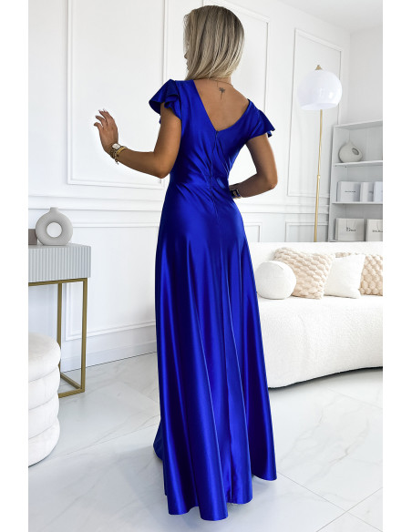  411-11 CRYSTAL satin long dress with a neckline - royal blue 