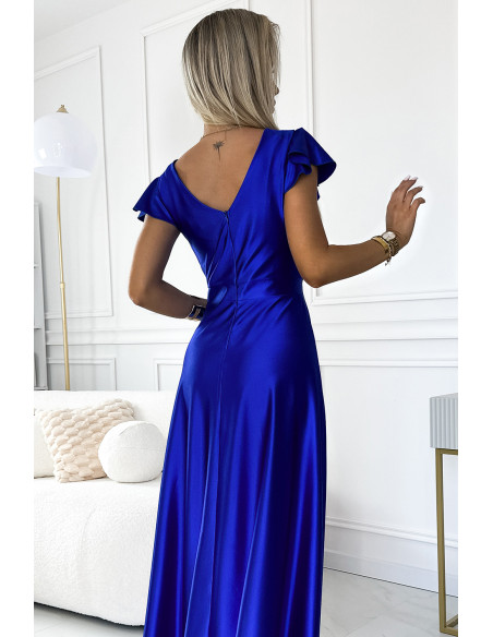  411-11 CRYSTAL satin long dress with a neckline - royal blue 