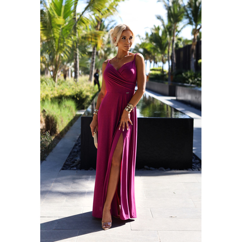 299-19 CHIARA elegant long maxi dress with straps - fuchsia with glitter  2