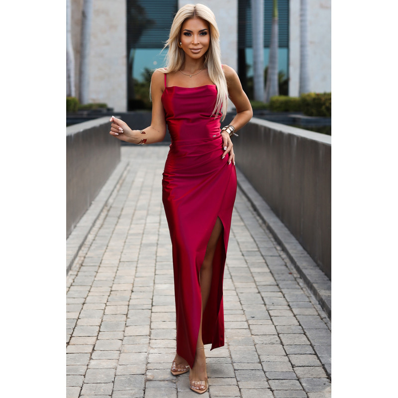  483-5 DIANE satin long dress with a leg slit - raspberry color 