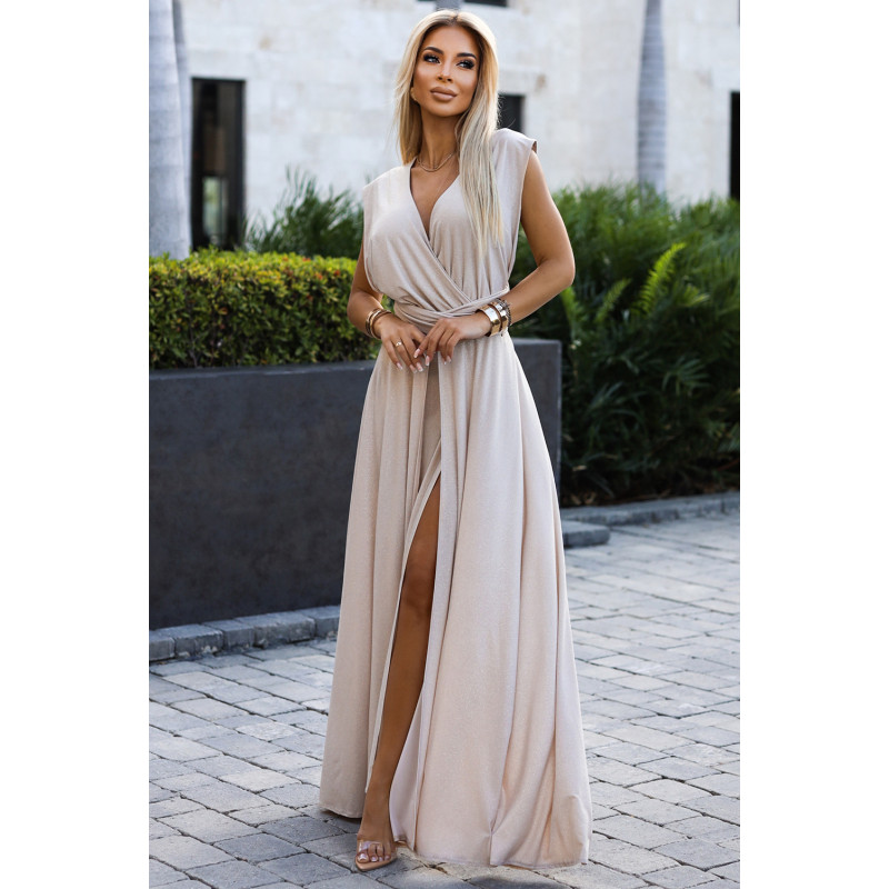  509-2 Elegant long dress tied in many ways - beige with glitter 