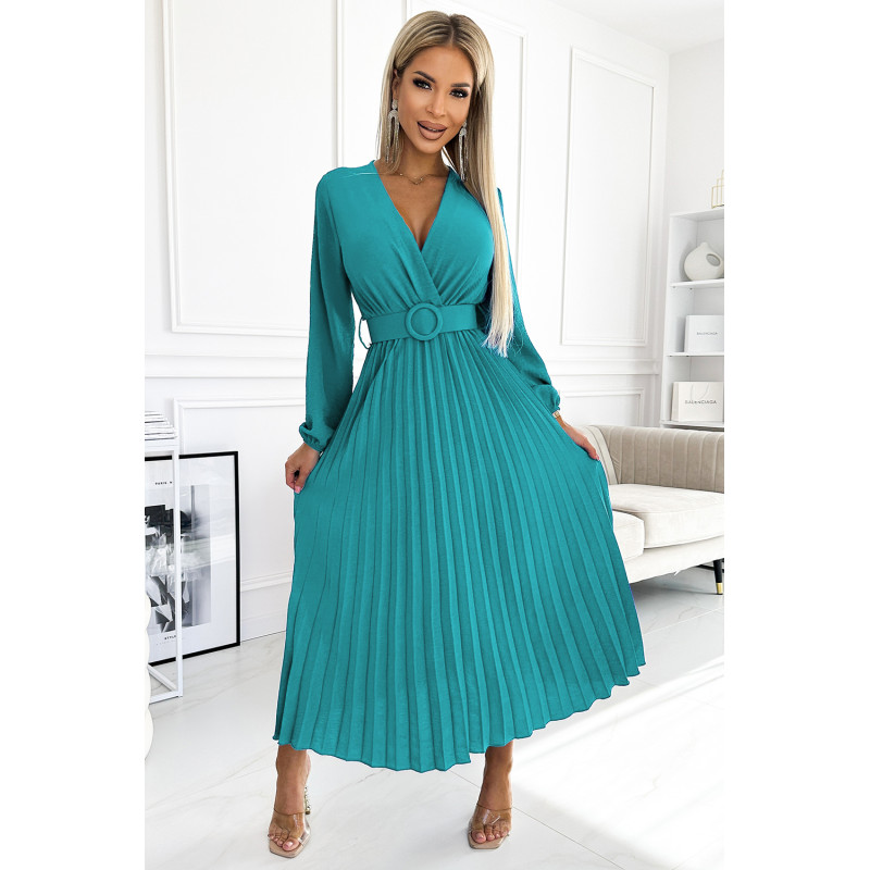  504-6 VIVIANA Pleated midi dress with a neckline, long sleeves and a wide belt - sea color 