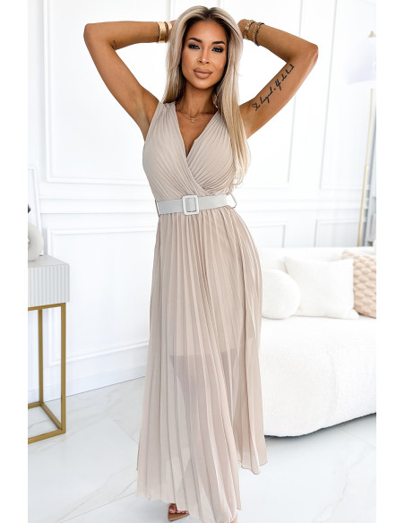  546-1 Pleated dress with a wide belt and neckline - Beige 