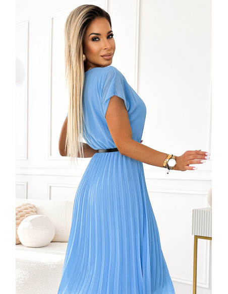  548-2 Pleated midi dress with a black belt - light blue 